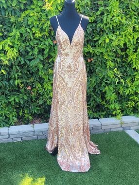 Rose Gold Sequin V-Neck Evening Dress with Spaghetti Straps Sz S